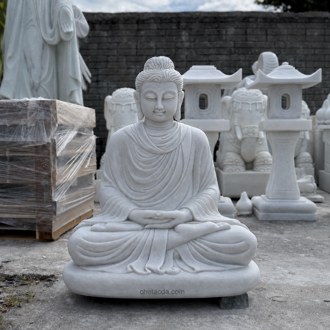 Tượng Phật Thích Ca đá trắng trong vườn thiền: chọn bệ, cây và ánh sáng - Chế Tác Đá