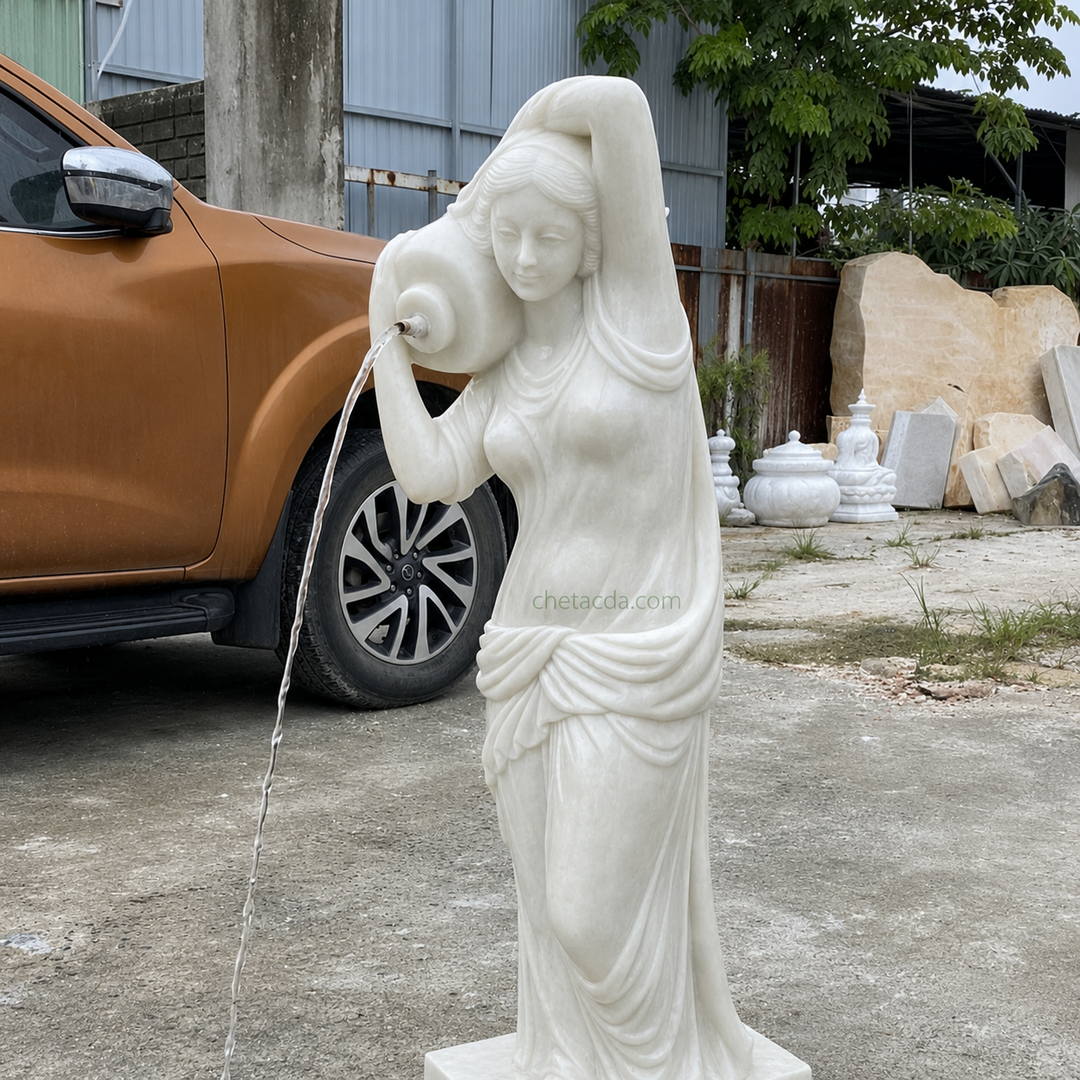 Tiểu cảnh nước với tượng Cô Gái đá: chọn vòi phun, bể và khoảng đứng