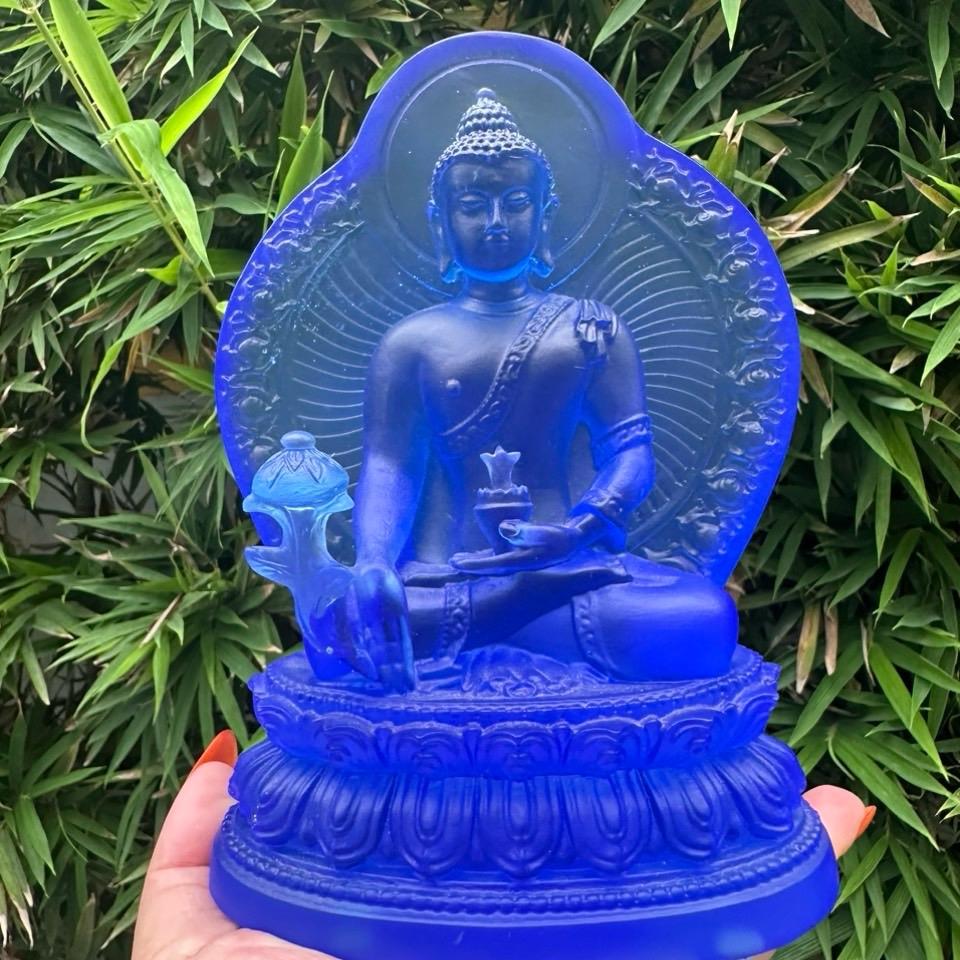 Tượng Phật , Dược sư lưu ly , đá lưu ly  màu vàng và xanh dương, tượng cao 15cm