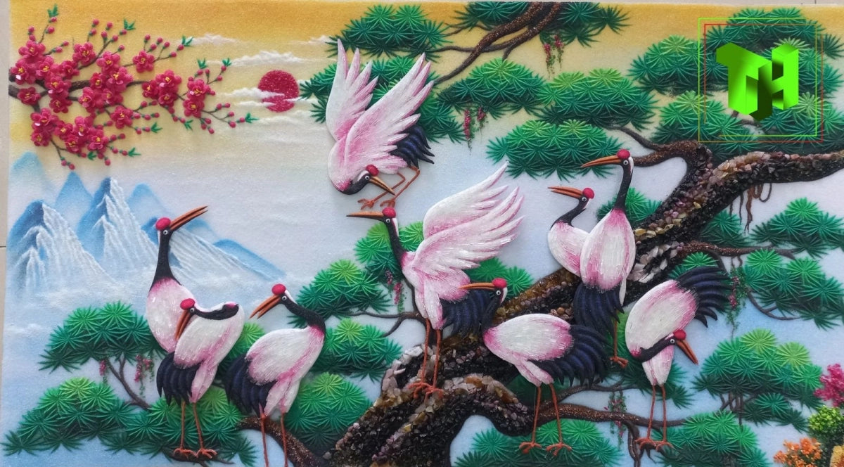 Tranh Đá Quý Tùng hạc diên niên (Tùng Hạc đồng xuân) 2024 Phong Thủy – Biểu tượng trường thọ - HTX. Tân Ngọc Phát