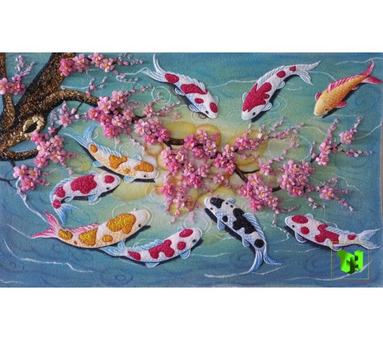Tranh Đá Quý Cá chép hoa đào mẫu mới tháng 8 2023 Phong Thủy – Biểu tượng sung túc - HTX. Tân Ngọc Phát