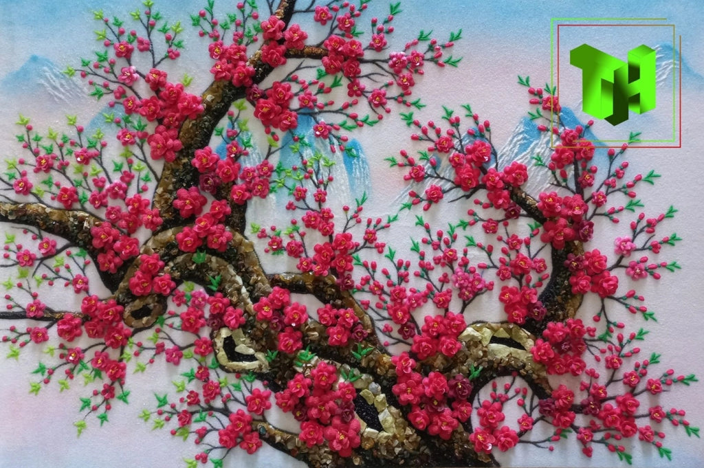 Tranh Đá Quý Hoa Đào Xếp Nổi May Mắn Phong Thủy – May mắn, sum vầy và khởi sắc chế tác từ đá quý tự nhiên Lục Yên