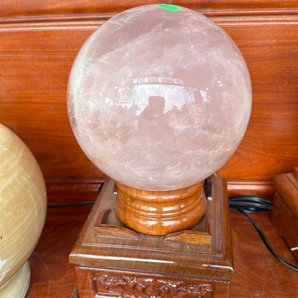 Bi cầu tròn  đá thạch anh Hồng + đế đèn 3 màu