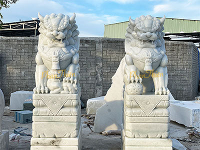 Cặp Tượng Kỳ Lân đá Non Nước - Cẩm Thạch - Trắng - Cao 155cm - Dành cho Không Gian Tâm Linh - Tân Ngọc Phát
