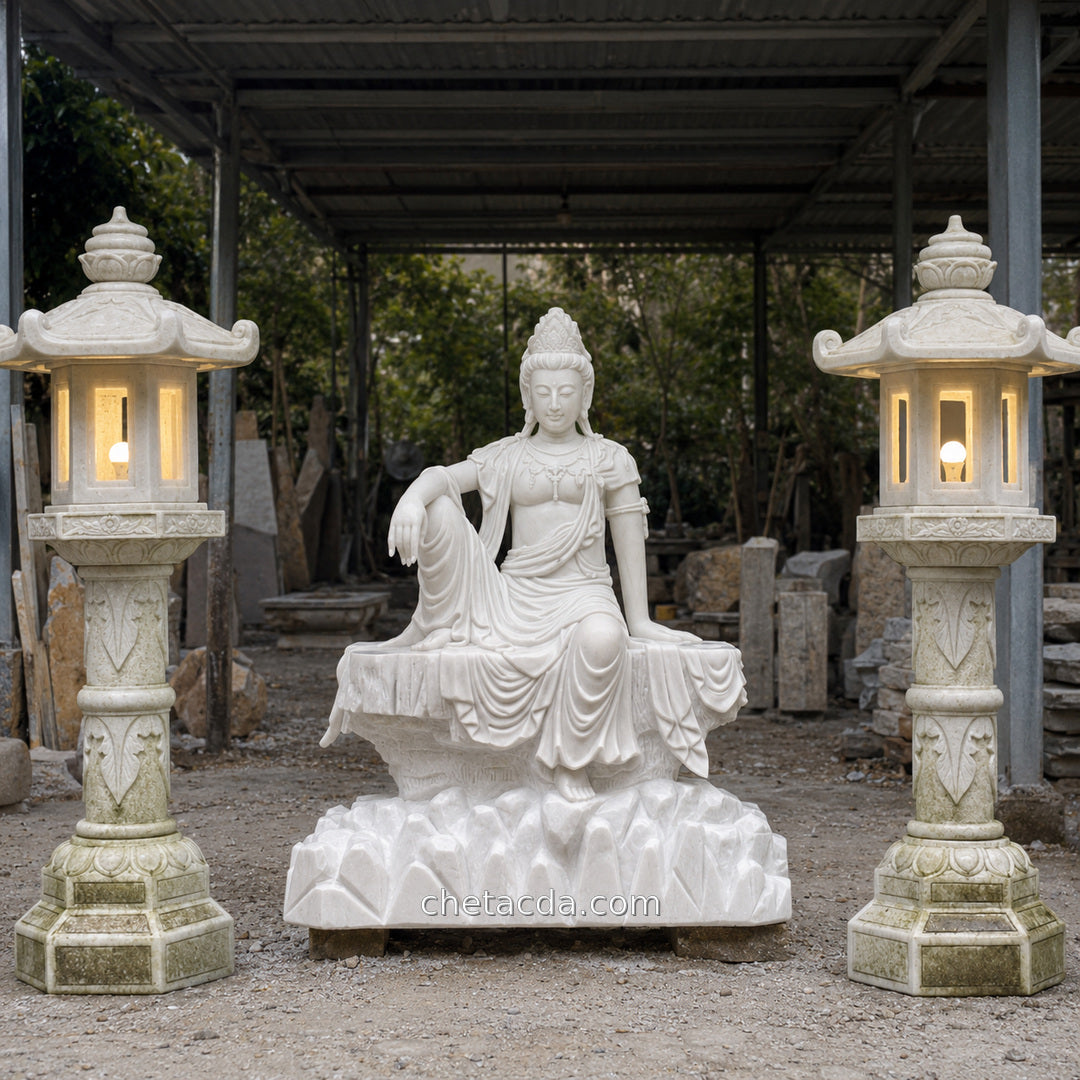 Tượng Phật Quan Âm ngồi tự tại đá trắng - Xuân Ngọc Phát