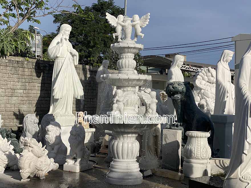 Đài Phun Nước Thiên Thần bằng đá Tự Nhiên - Cẩm Thạch - Trắng - Cao 250cm - Trang Nghiêm Bền Đẹp - Tân Ngọc Phát