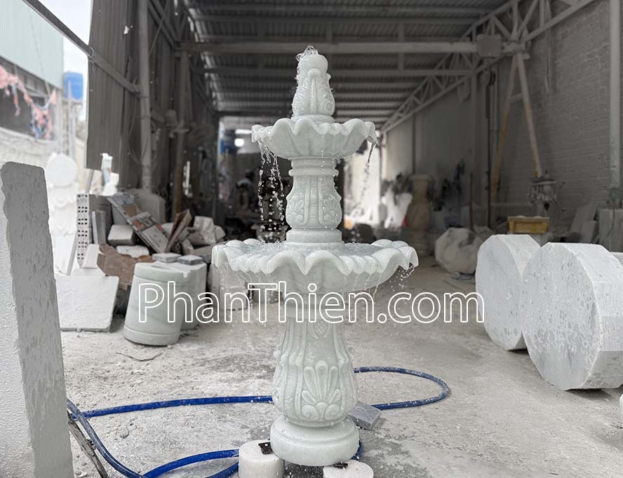 Đài Phun Nước Sân Vườn bằng đá Cao 1,5m - Cẩm Thạch - Trắng Trong Xanh - Cao 150cm - đá Tự Nhiên Nguyên Khối - Tân Ngọc Phát