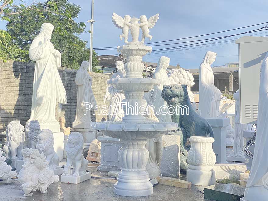 Đài Phun Nước Thiên Thần bằng đá Tự Nhiên - Cẩm Thạch - Trắng - Cao 250cm - Tạo Điểm Nhấn Trang Trọng - Tân Ngọc Phát