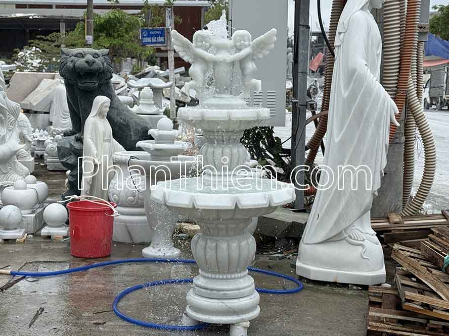 Đài Phun Nước Thiên Thần bằng đá Tự Nhiên - DPN - 49 - Cẩm Thạch - Trắng Trong Xanh - Cao 155cm - Dành cho Không Gian Tâm Linh - Tân Ngọc Phát