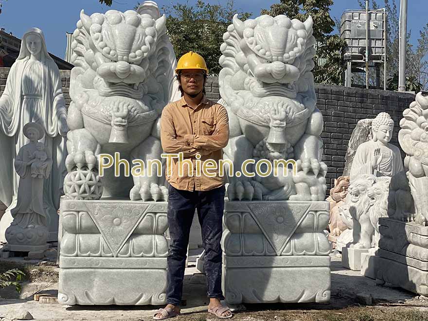 Cặp Tượng Kỳ Lân đá Phong Thuỷ Cao 2m - Cẩm Thạch - Trắng Trong Xanh - Cao 200cm - Mẫu Đẹp Cao Cấp - Tân Ngọc Phát