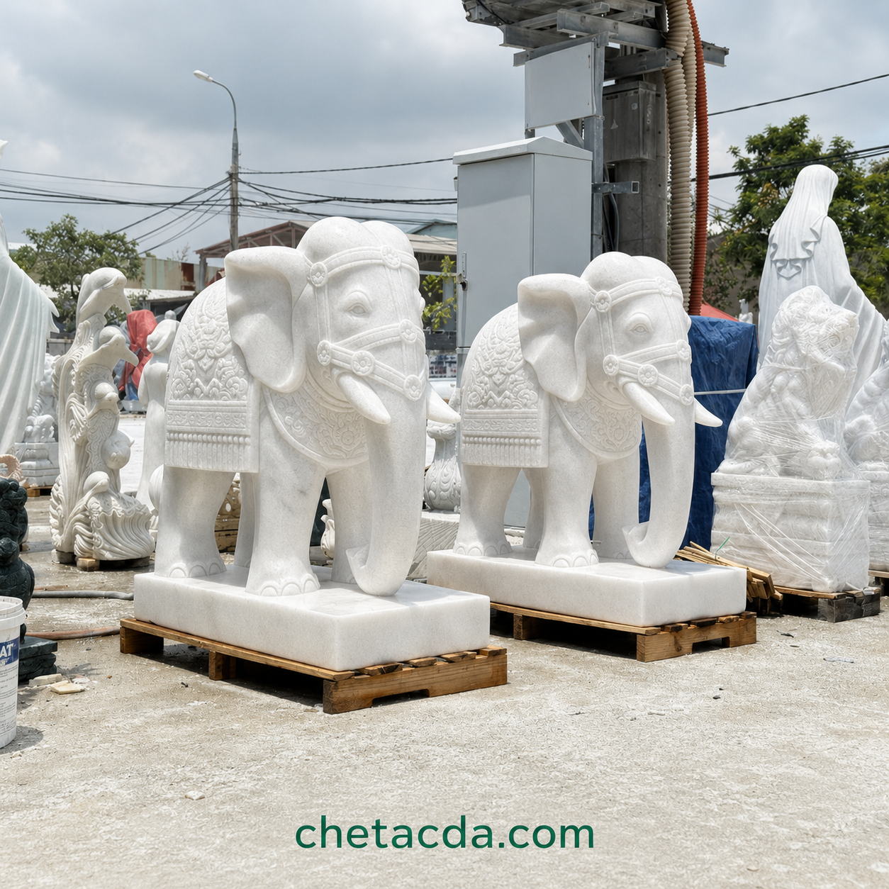 Cặp tượng voi đá cẩm thạch trắng tự nhiên 131cm tại xưởng - chetacda.com