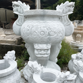 Lư hương chạm rồng đứng Long Quy đá trắng xanh - Xuân Ngọc Phát