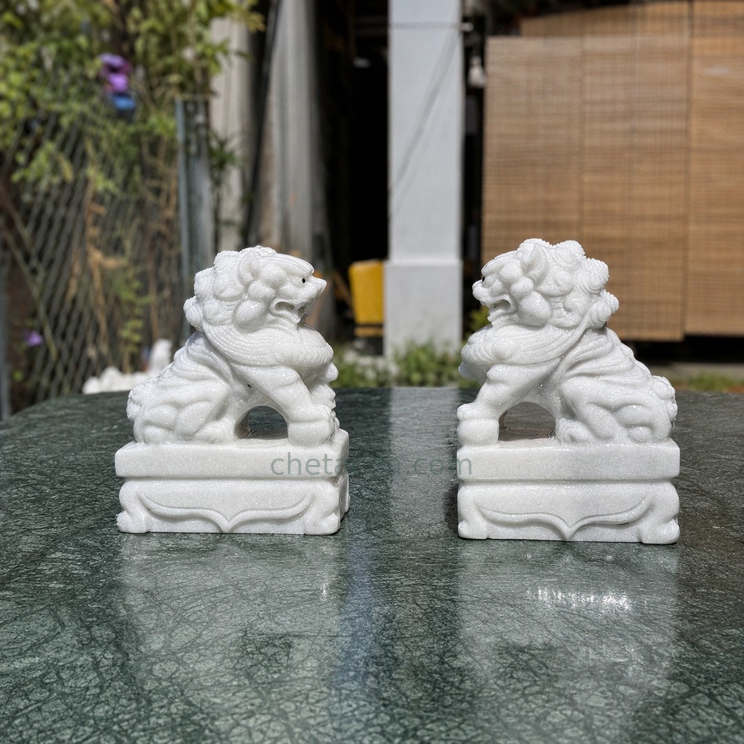 Cặp Tượng Kỳ Lân đá Trắng Trong Xanh Nhẹ - Xuân Ngọc Phát