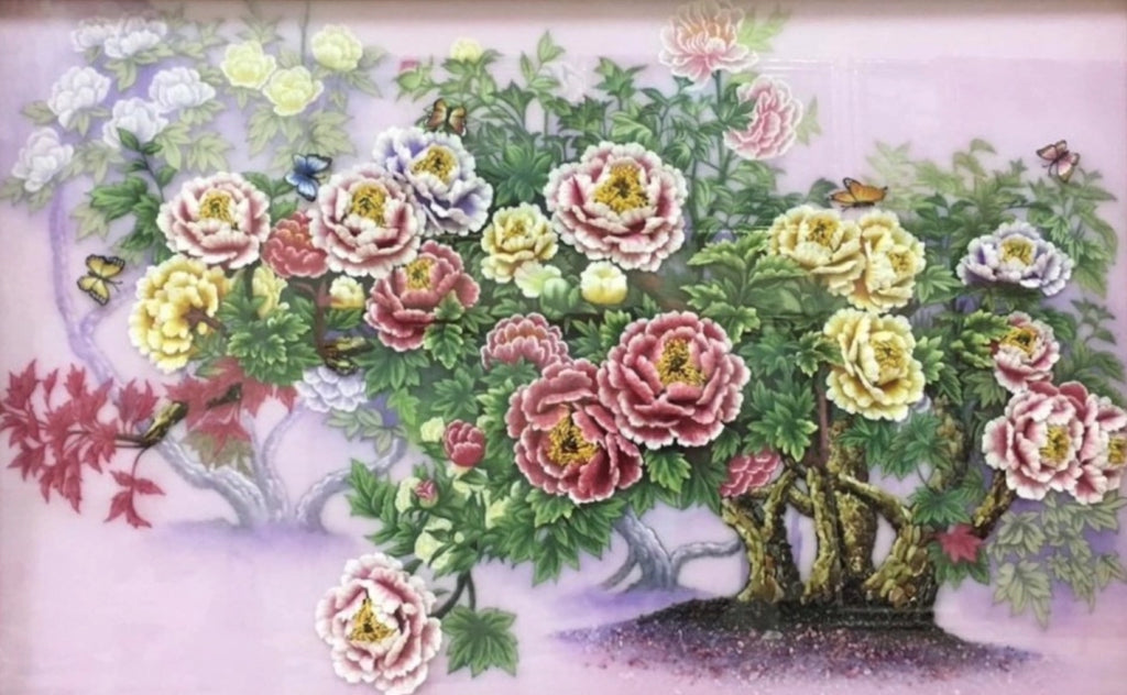 Tranh Đá Quý Hoa Mẫu Đơn Viên Mãn Tài Lộc Phong Thủy – Phú quý, hạnh phúc và viên mãn chế tác từ đá quý tự nhiên Lục Yên