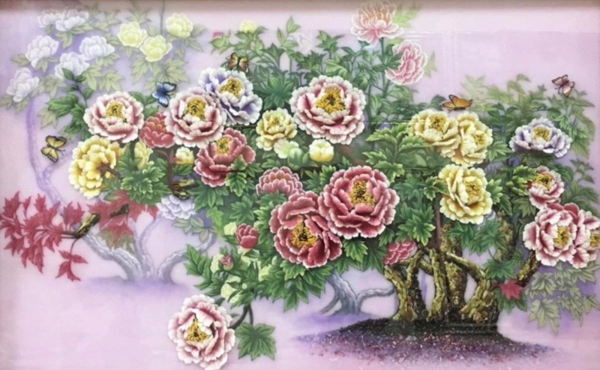 Tranh Đá Quý Hoa Mẫu Đơn Viên Mãn Tài Lộc Phong Thủy – Phú quý, hạnh phúc và viên mãn chế tác từ đá quý tự nhiên Lục Yên