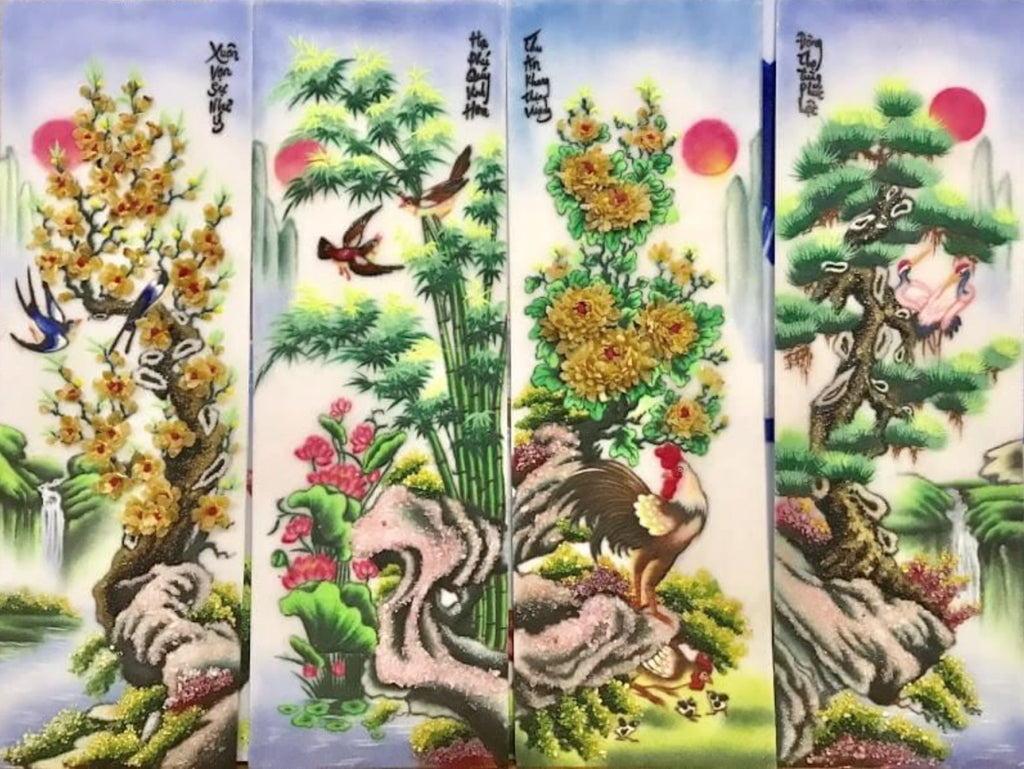 Tranh Đá Quý Tứ Quý Sung Túc Phong Thủy – Bốn mùa bình an, sung túc và bền vững chế tác từ đá quý tự nhiên Lục Yên