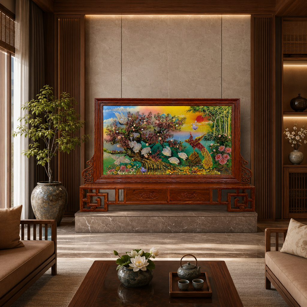 Tranh Đá Quý Cao Cấp Đào Hạc Phượng Hoàng Trường Thọ - Hình ảnh chi tiết 2