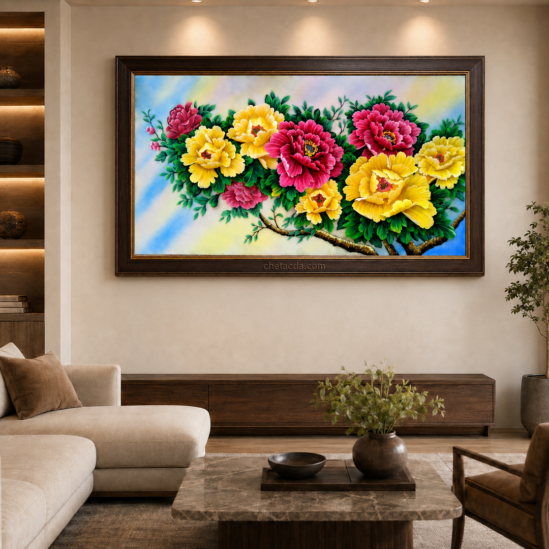 Tranh Đá Quý Hoa Khai Phú Quý 3D TPC 077 treo cao trong phòng khách 1080x1080