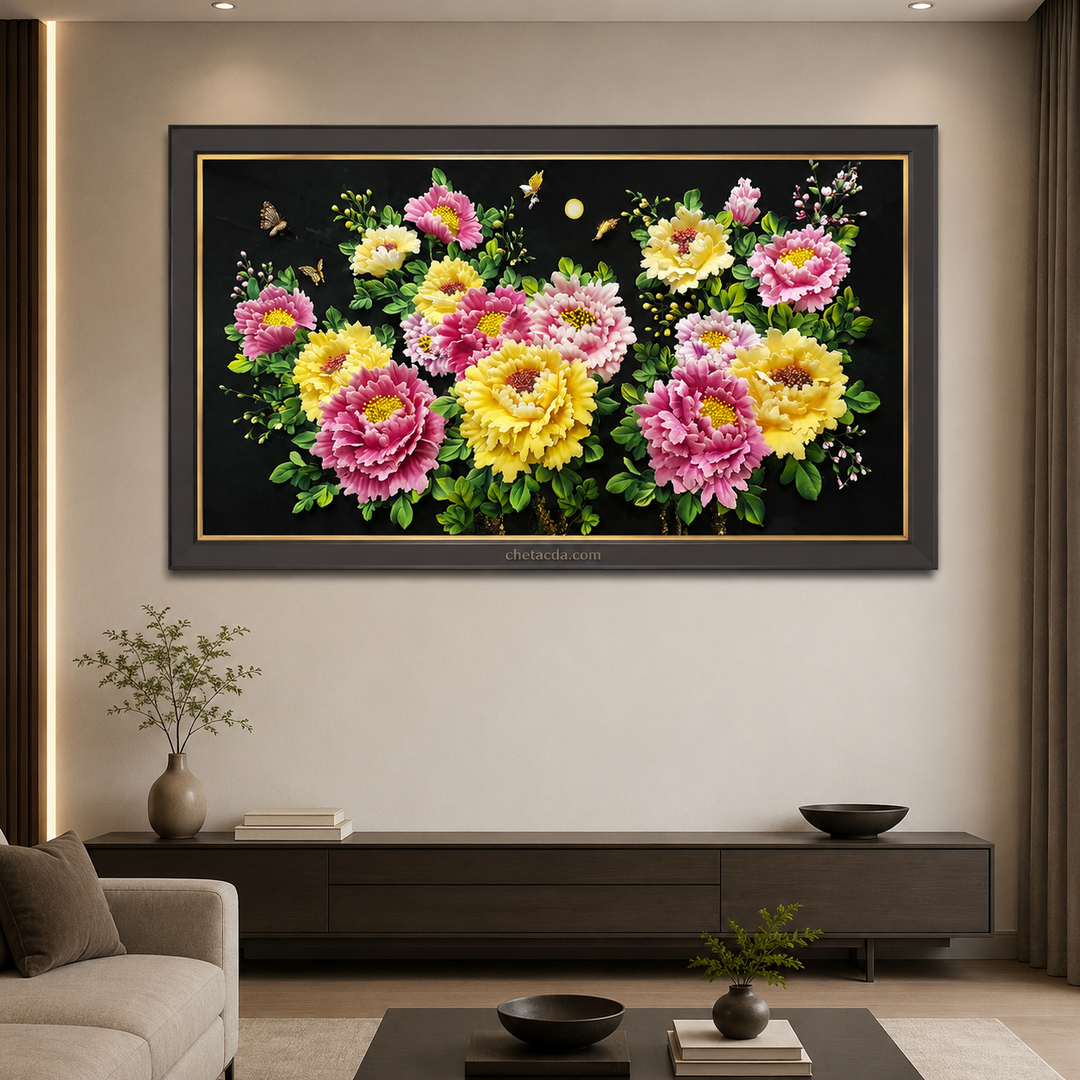 Tranh Đá Quý Hoa Mẫu Đơn 3D TPC 074 trong phòng khách hiện đại 1080x1080