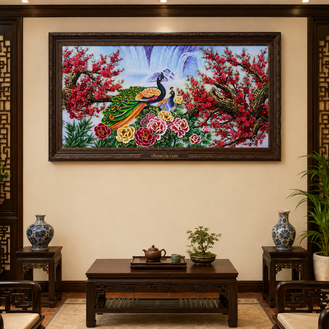 Tranh Đá Quý Phú Quý Mãn Đường TPC 102 trong phòng khách truyền thống 1080x1080