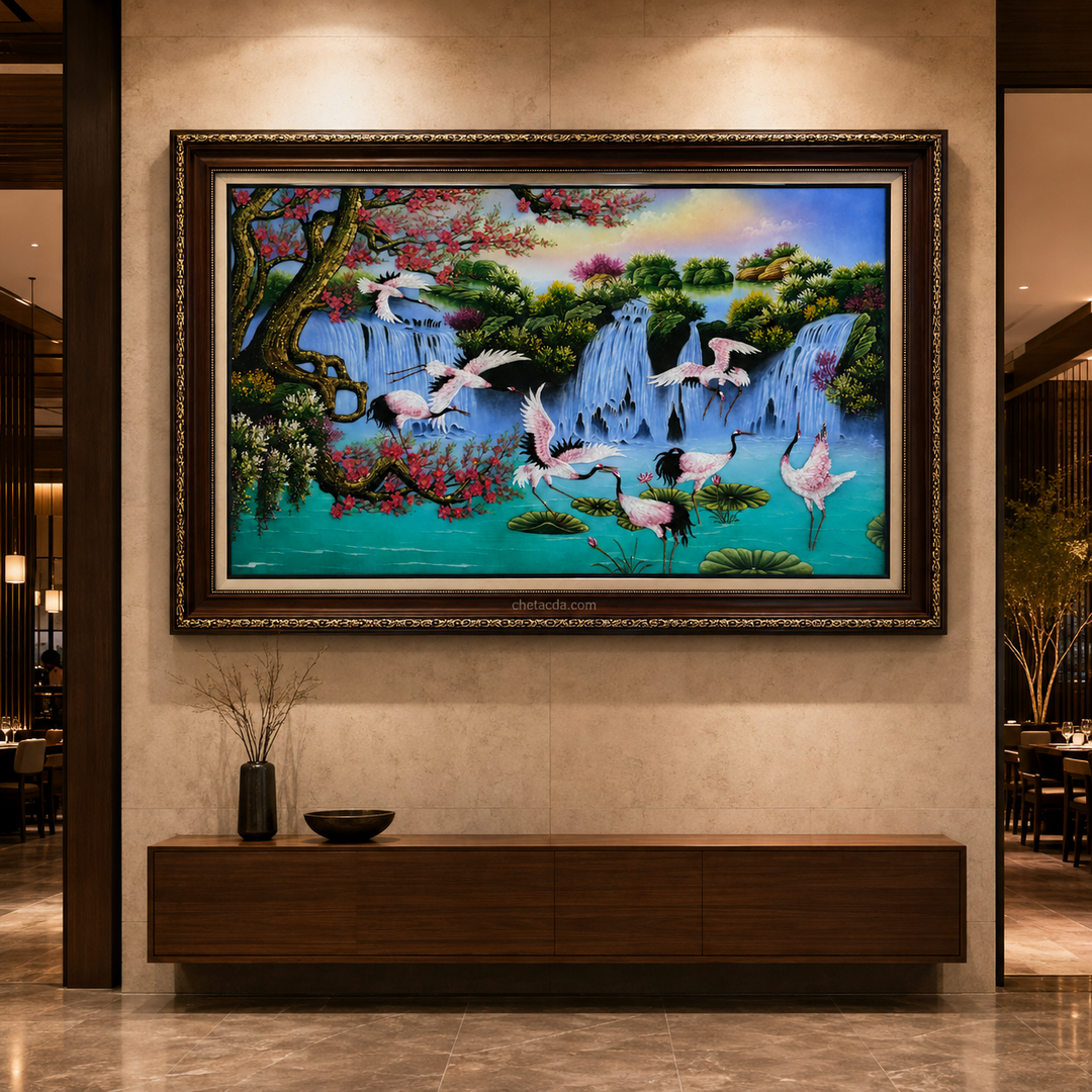 Tranh Đá Quý Tùng Hạc Mặt Trời tại sảnh nhà hàng đương đại 1080x1080