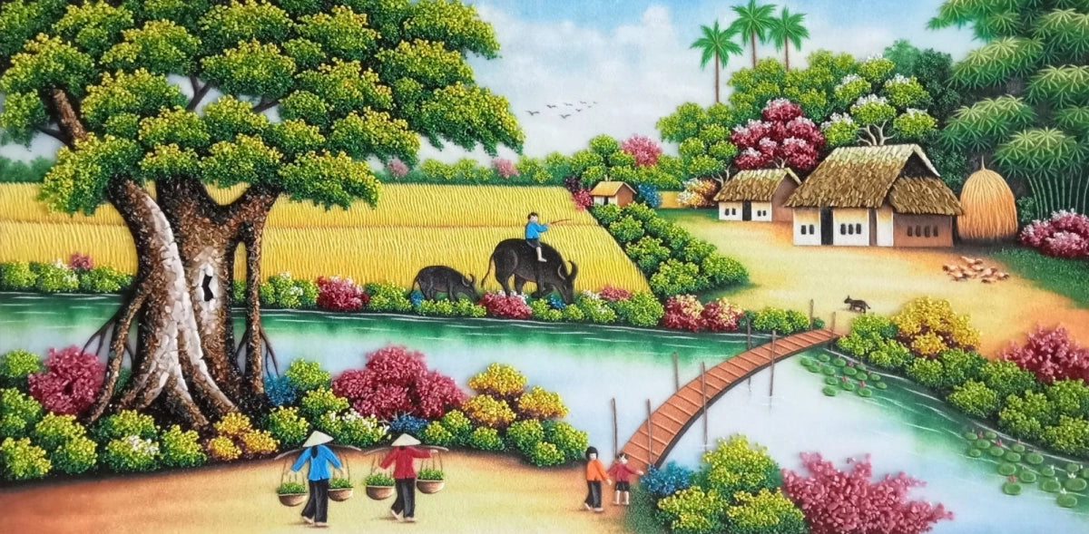 Tranh Đá Quý Tranh đá phong cảnh làng quê bình yên Phong Thủy Cao Cấp - HTX. Tân Ngọc Phát