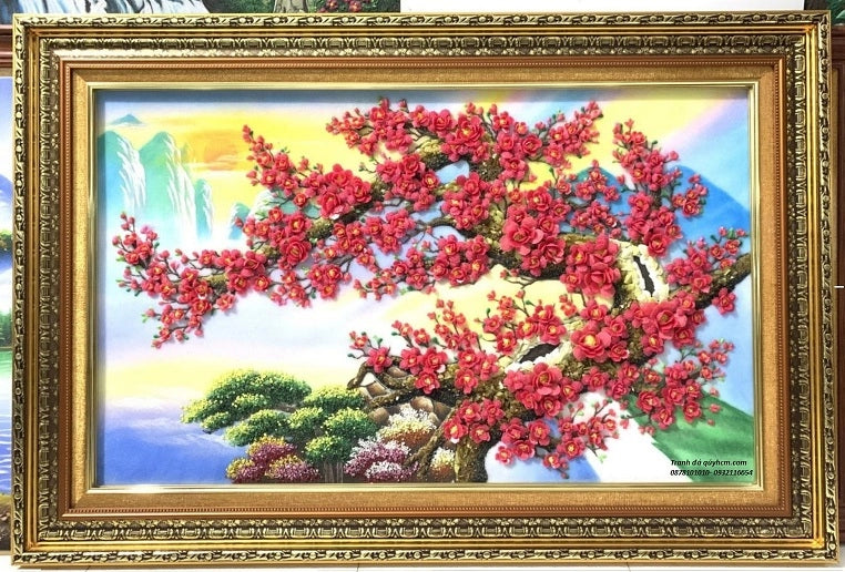 Tranh Đá Quý Hoa Đào Thế Rồng May Mắn Phong Thủy – May mắn, sum vầy và khởi sắc chế tác từ đá quý tự nhiên Lục Yên