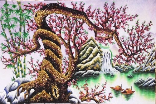 Tranh Đá Quý Hoa Đào Đá Ruby Xếp Hạt Phong Thủy – May mắn, sum vầy và khởi sắc chế tác từ đá quý tự nhiên Lục Yên