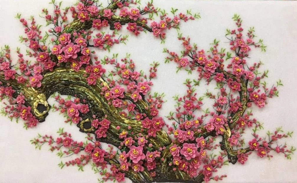 Tranh Đá Quý Hoa Đào Xếp Nổi Phong Thủy – May mắn, sum vầy và khởi sắc chế tác từ đá quý tự nhiên Lục Yên