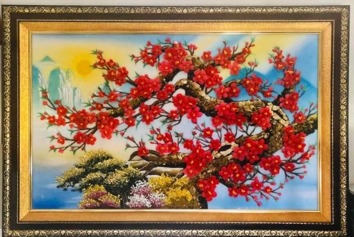 Tranh Đá Quý Hoa Đào Xếp Nổi May Mắn Phong Thủy – May mắn, sum vầy và khởi sắc chế tác từ đá quý tự nhiên Lục Yên