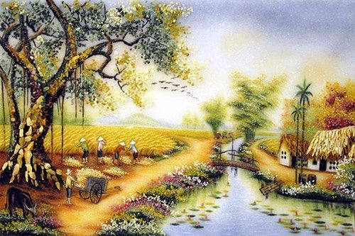 Tranh Đá Quý Mùa lúa chín – Vẻ đẹp sơn thủy hữu tình, sang trọng và bình an - HTX. Tân Ngọc Phát
