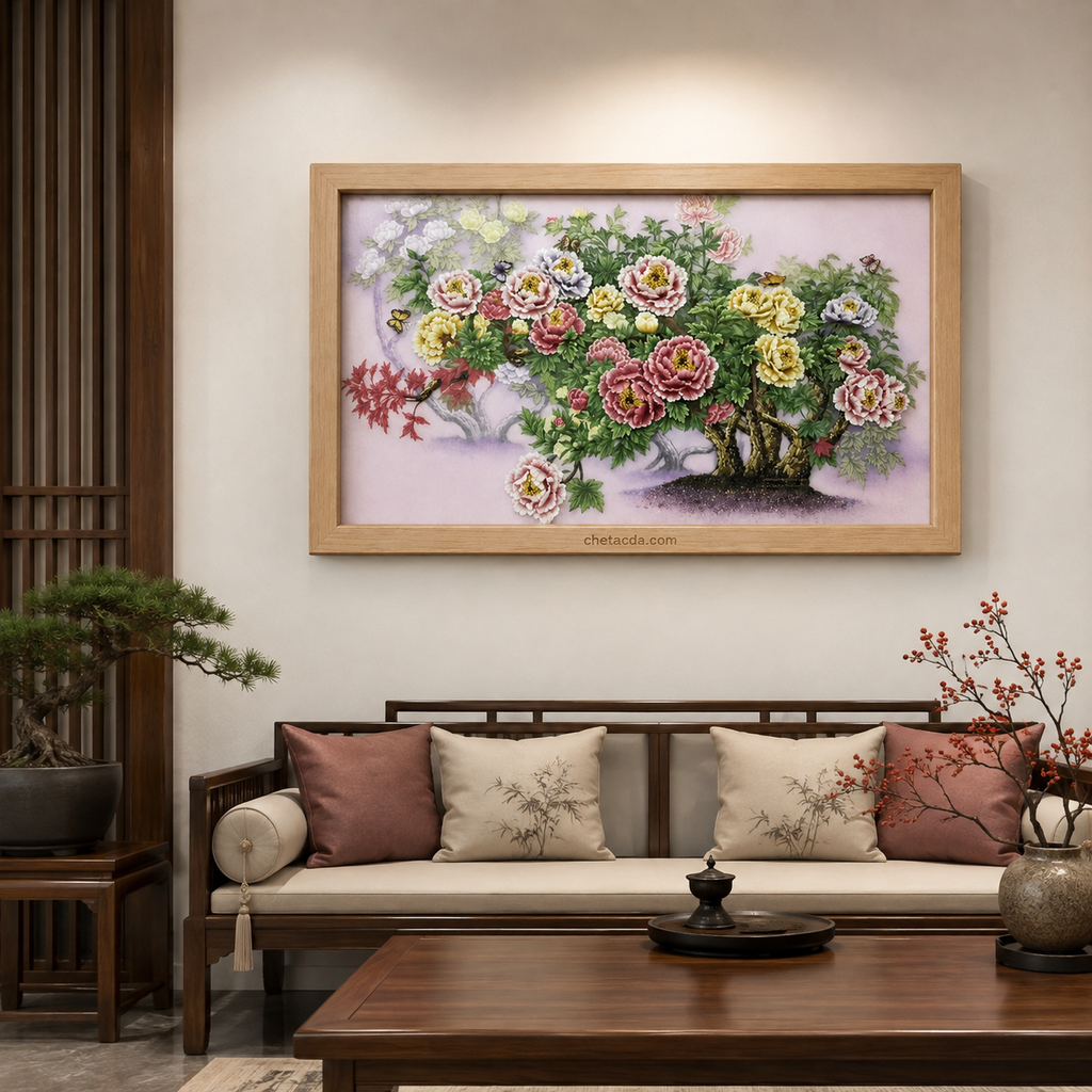 Tranh Đá Quý Cao Cấp Hoa Mẫu Đơn Viên Mãn Tài Lộc Phong Thủy - Tranh đá quý cao cấp Lục Yên