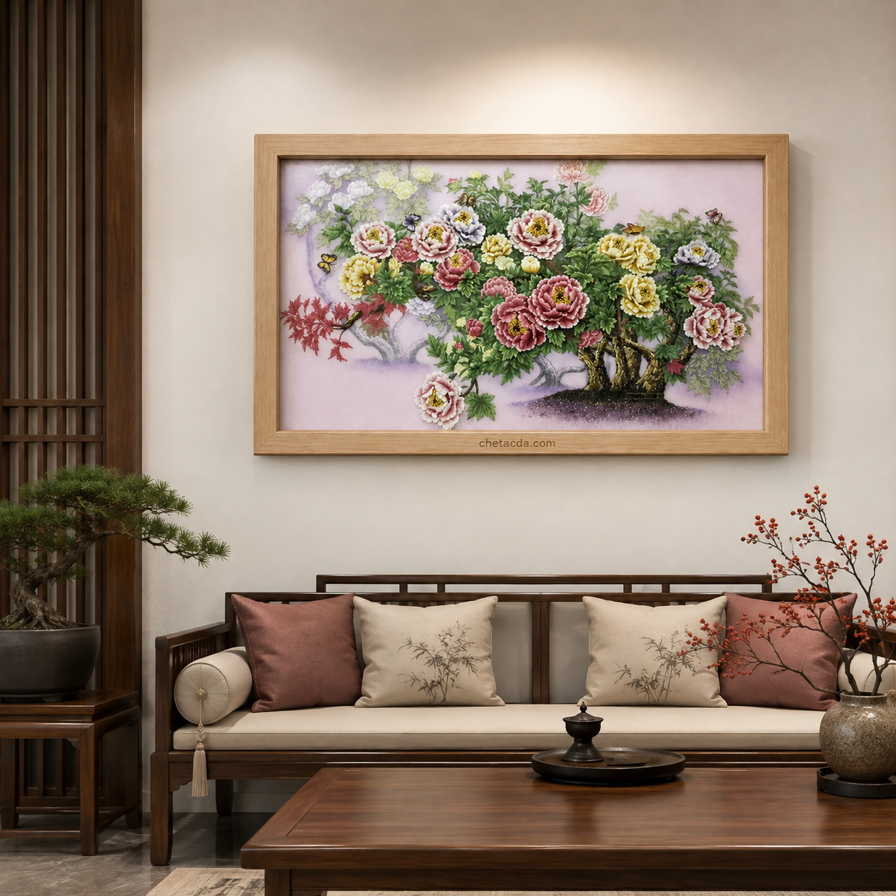 Tranh Đá Quý Cao Cấp Hoa Mẫu Đơn Viên Mãn Tài Lộc Phong Thủy - Tranh đá quý cao cấp Lục Yên