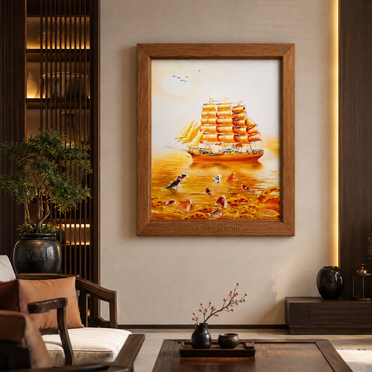 Tranh Đá Quý Cao Cấp Thuận Buồm Vàng Phong Thủy - Hình ảnh chi tiết 3