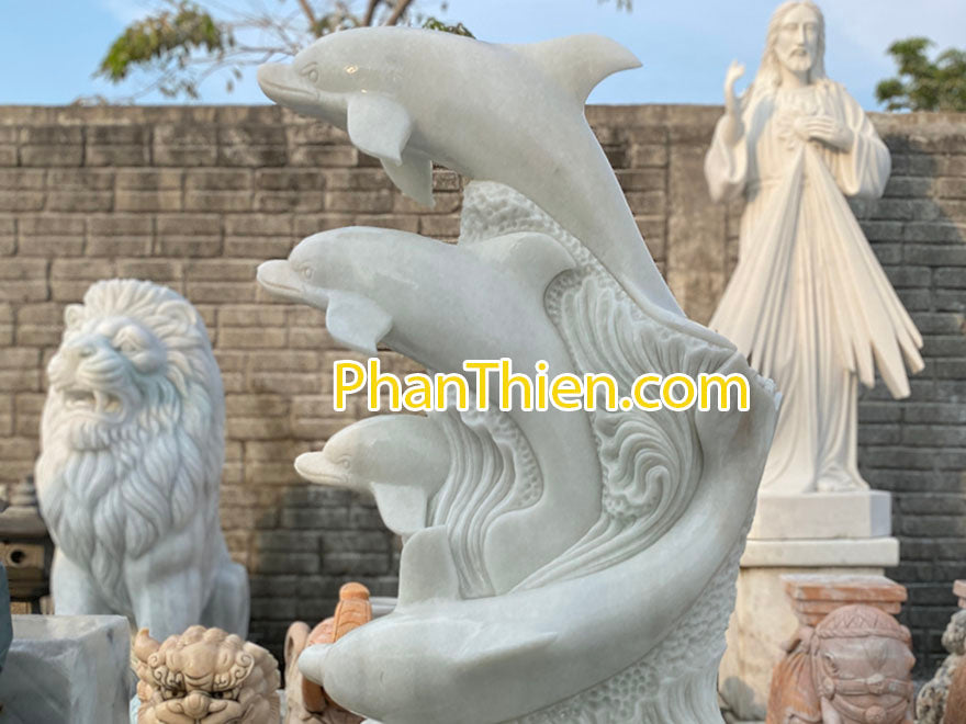 Tượng Cá Heo bằng đá Tự Nhiên - Cẩm Thạch - Trắng Trong Xanh - Cao 150cm - đá Tự Nhiên Nguyên Khối - Tân Ngọc Phát