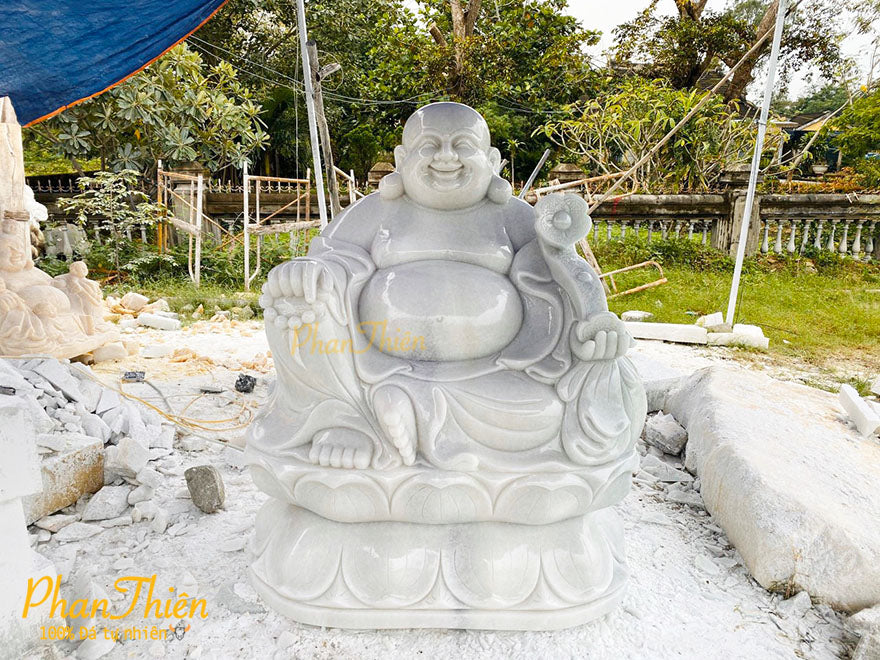 Phật Di Lặc Ngồi trên Đài Sen Đá Cẩm Thạch Trắng 152cm - Tân Ngọc Phát Lục Yên