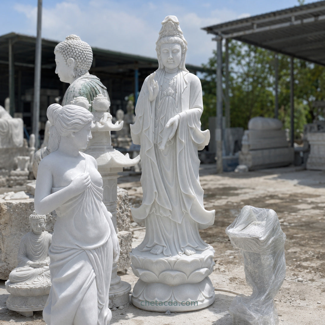 Tượng Phật Quan Âm đứng Đài Sen Đá Trắng QA-34 – Xuân Ngọc Phát