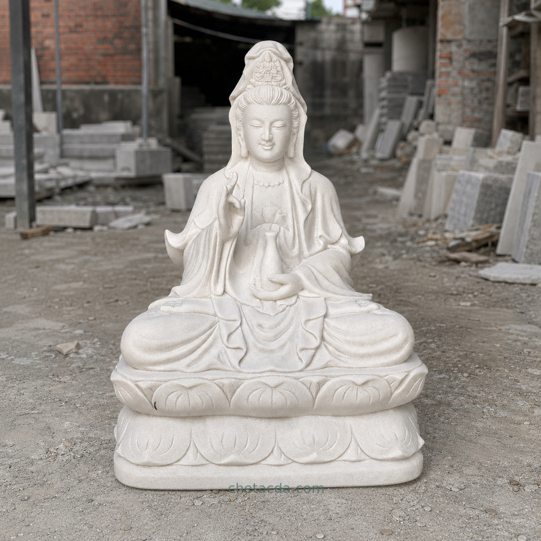 Tượng Phật Quan Âm ngồi Đài Sen Đá Trắng QA-35 – Xuân Ngọc Phát