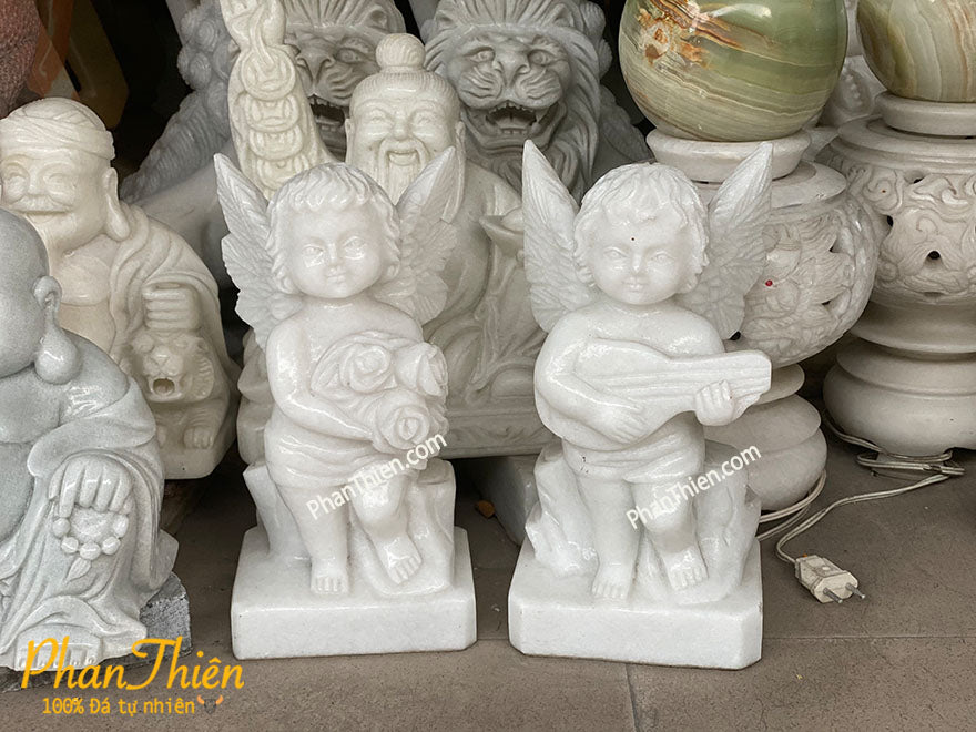 Tượng Thiên Thần đá Cẩm Thạch Trắng - Cao 40cm - Điêu Khắc Thủ Công - Tân Ngọc Phát